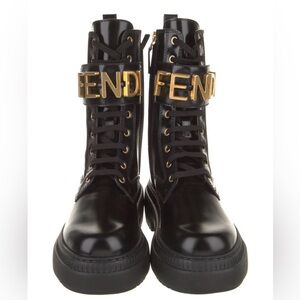 Fendi Black Leather Lace-Up Combat Boots with Gold Logo Buckle